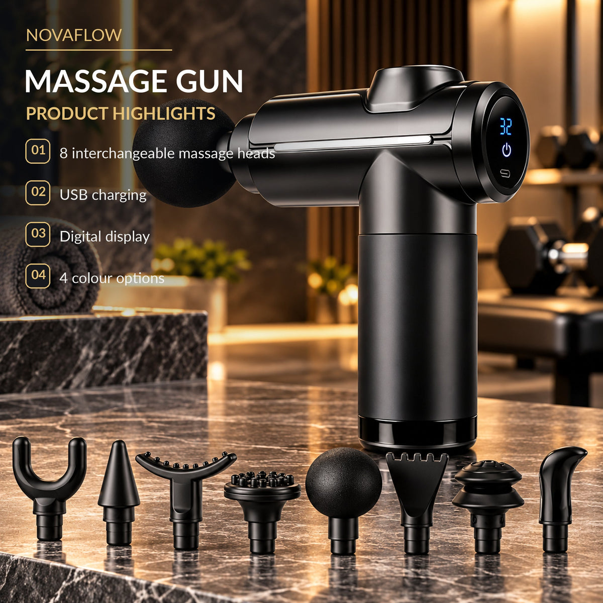 Massage gun specs: 8 heads, USB charging, digital display, 4 colours