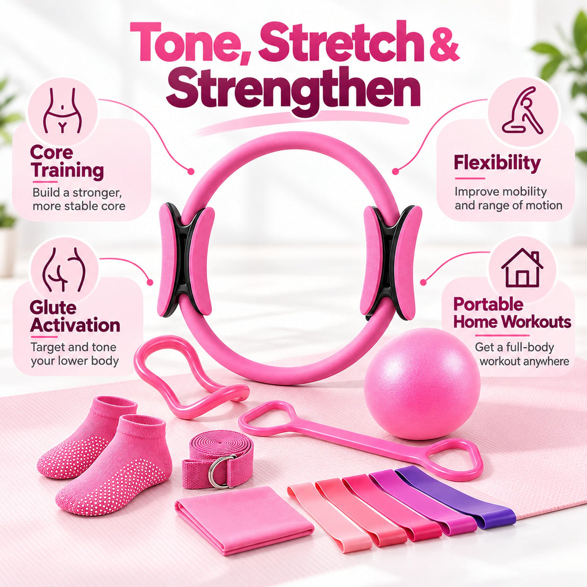 Versatile Pilates ring, mini ball and resistance bands for home workouts