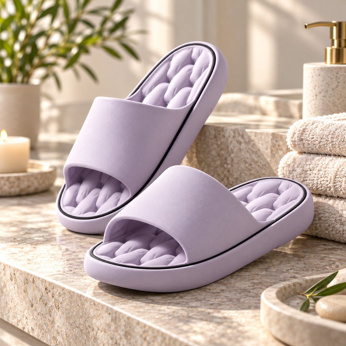 NovaFlow Recovery Slides Purple pair in premium lifestyle setting