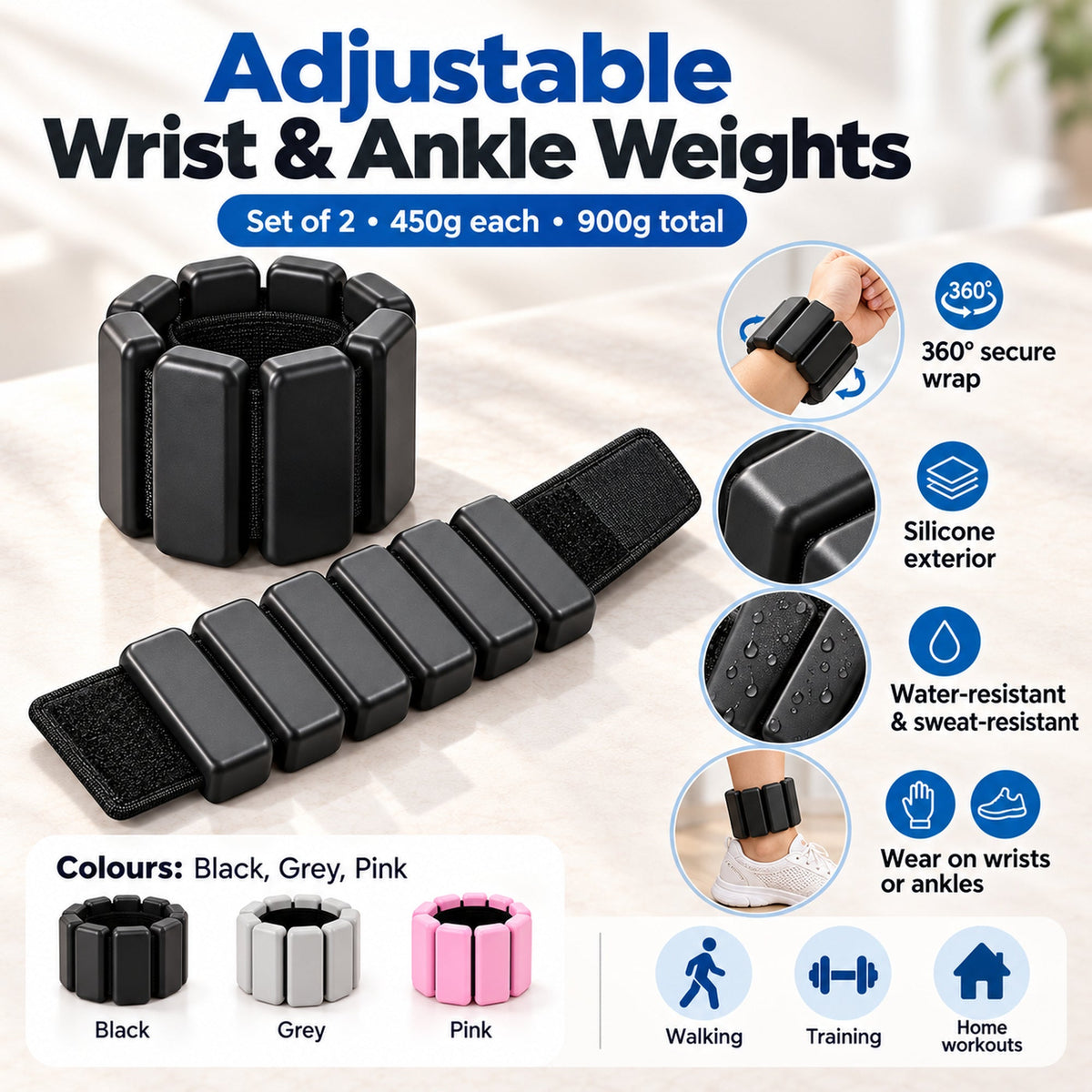 Set of two wrist and ankle weights: 450 g each, 900 g combined; Black, Grey, Pink