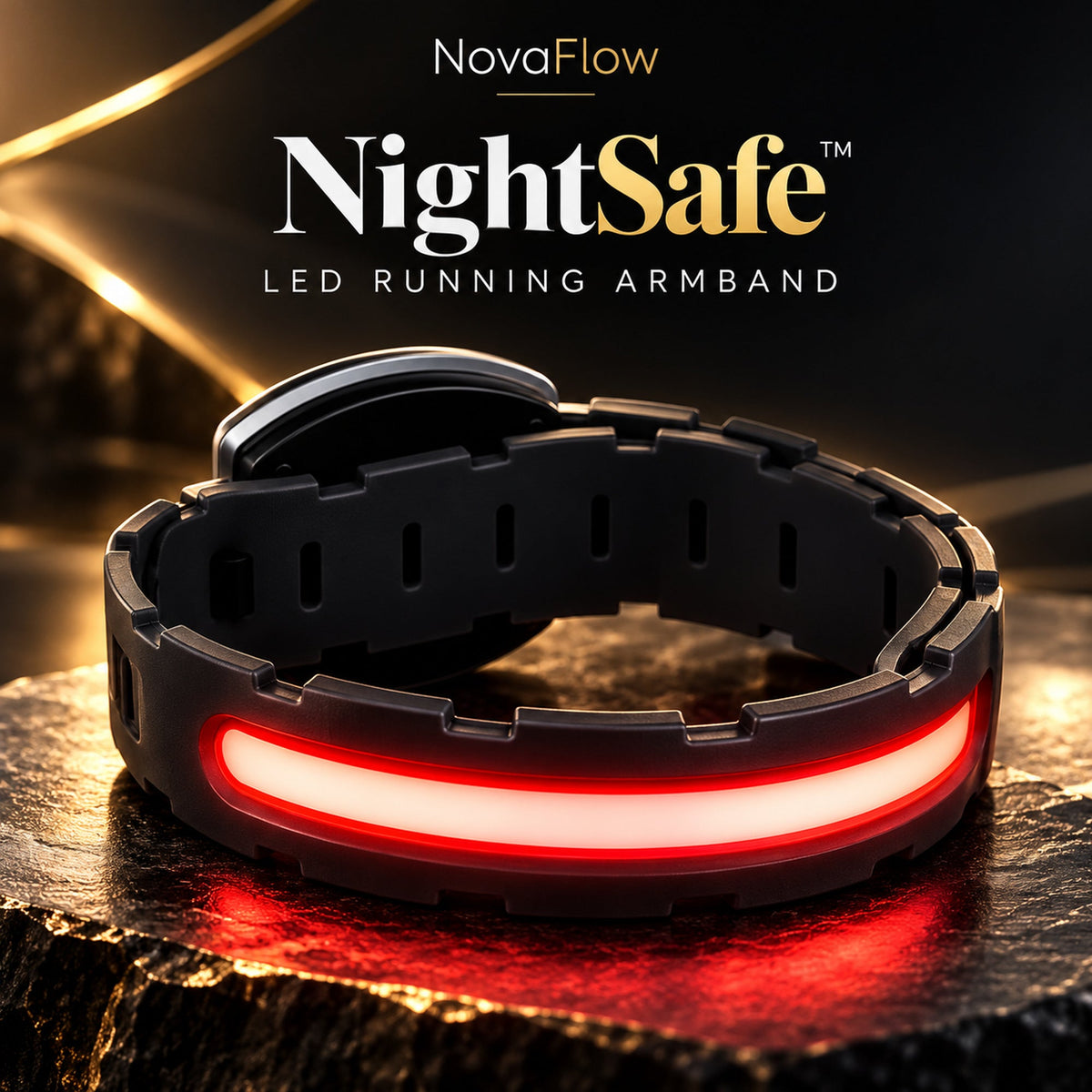 Black NovaFlow NightSafe LED running armband, premium product-only hero