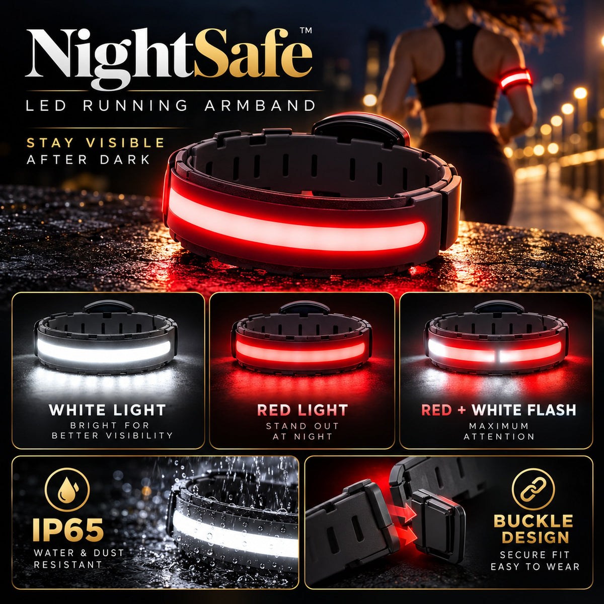 NightSafe three lighting modes, IP65 water resistance, buckle design