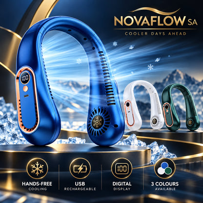 NovaFlow rechargeable neck fan shown in blue
