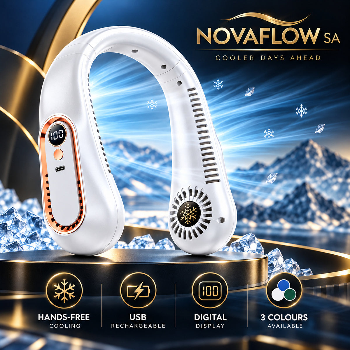 NovaFlow rechargeable neck fan shown in white
