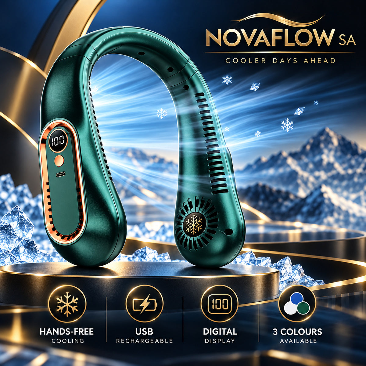 NovaFlow rechargeable neck fan shown in green