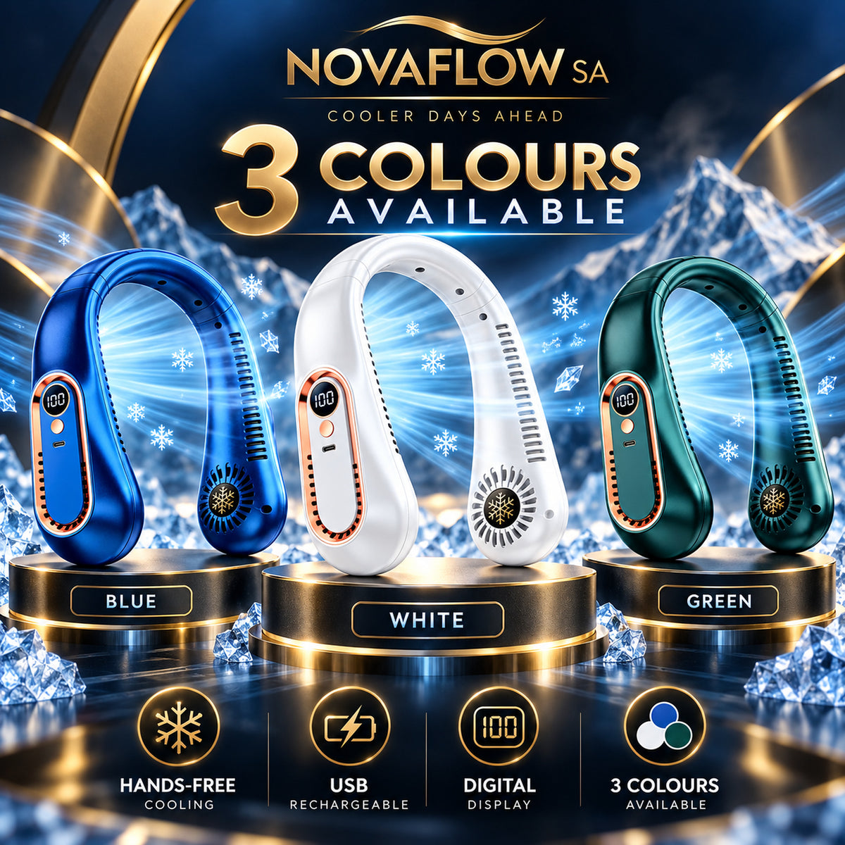 Blue, white and green NovaFlow neck fans