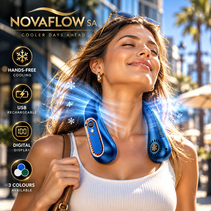 Woman wearing a portable rechargeable neck fan outdoors