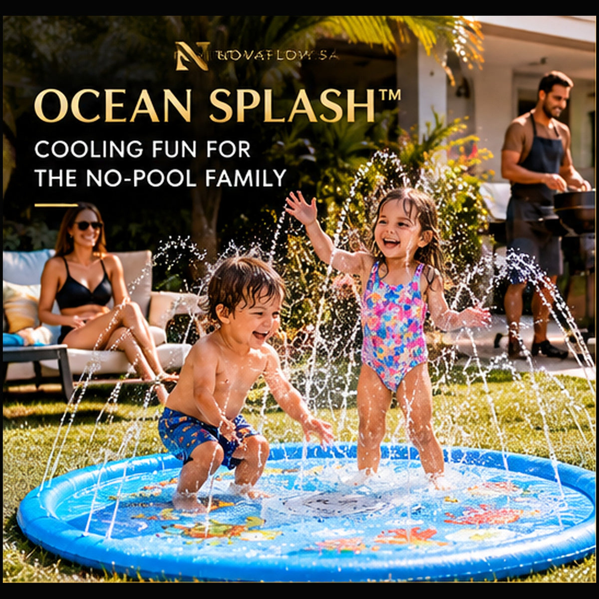 Backyard family fun with blue NovaFlow Ocean Splash mat; illustrative lifestyle image