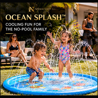 Backyard family fun with blue NovaFlow Ocean Splash mat; illustrative lifestyle image