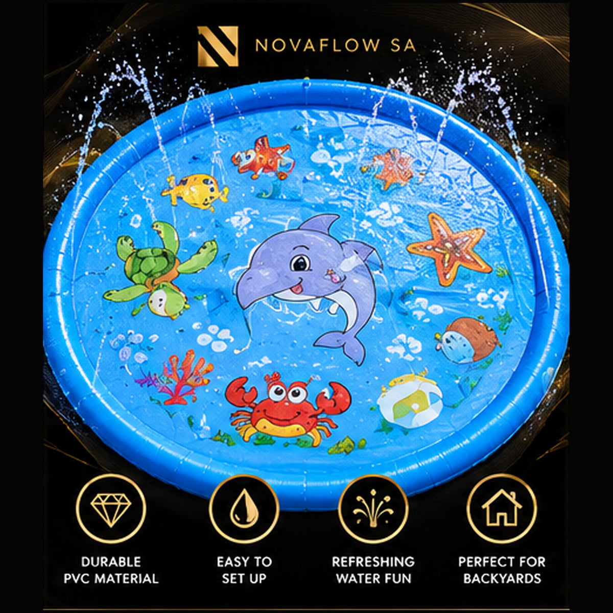 NovaFlow Ocean Splash 100cm blue ocean-themed garden sprinkler splash mat