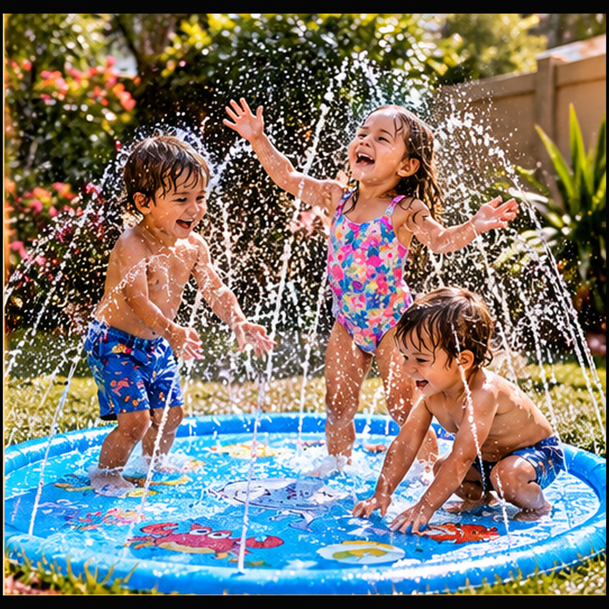 Water play scene with Ocean Splash kids sprinkler mat; illustrative lifestyle image