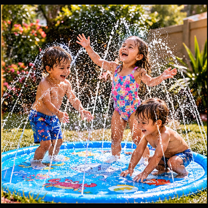 Water play scene with Ocean Splash kids sprinkler mat; illustrative lifestyle image