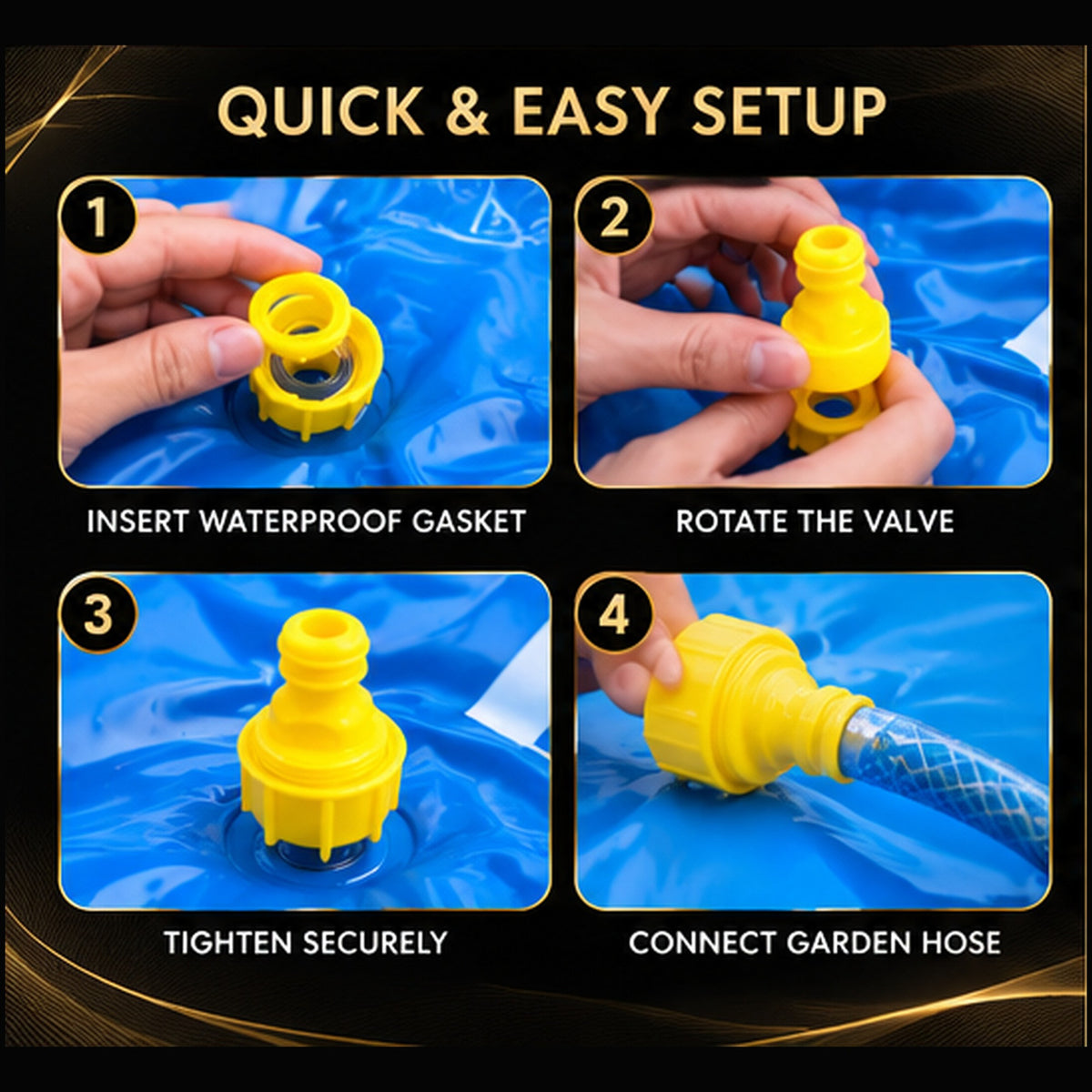 Illustrated four-step guide to connecting Ocean Splash sprinkler to a garden hose