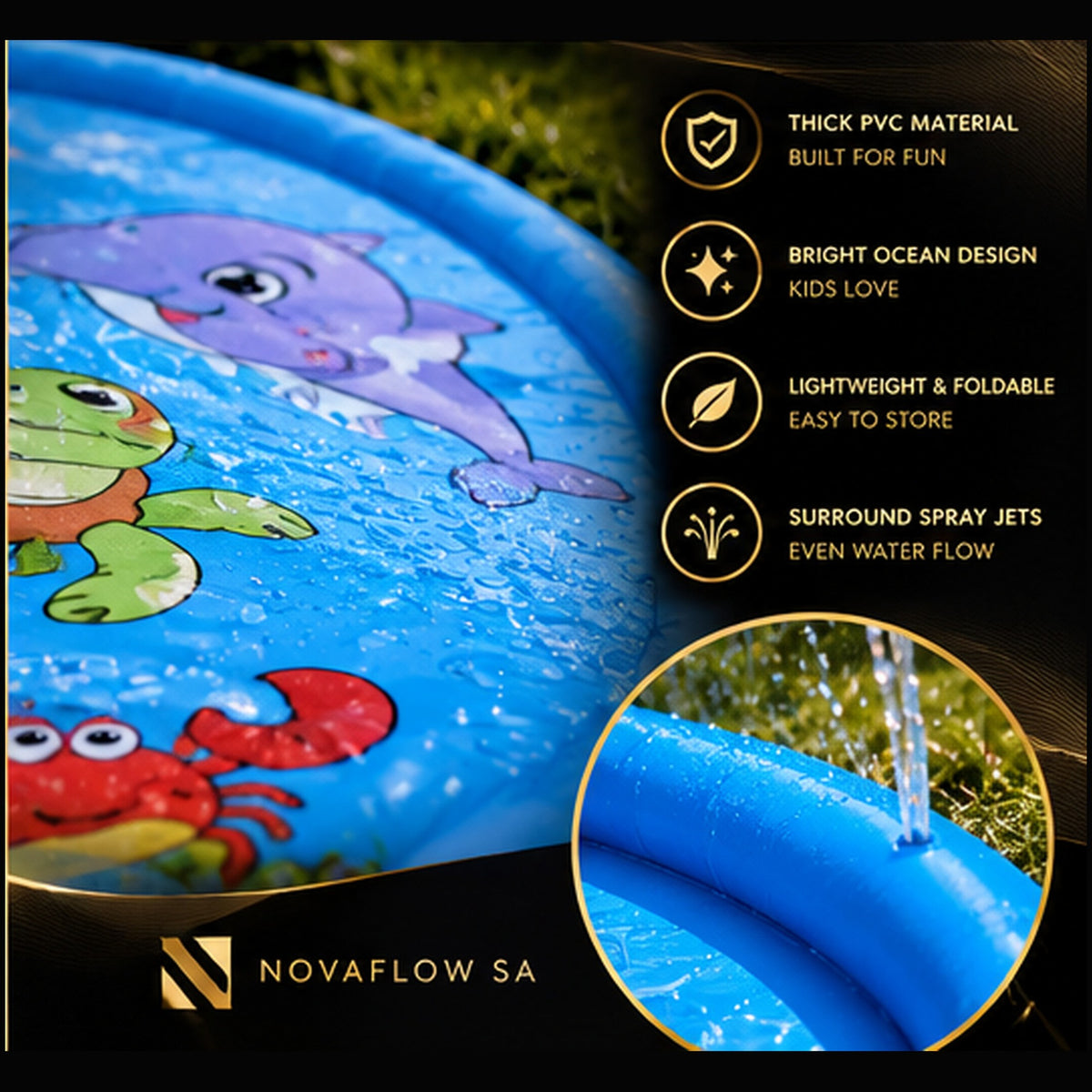 Close up of the ocean-themed splash pad and sprinkler water jets