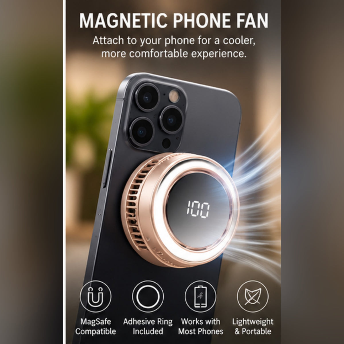 NovaFlow MagCool magnetic fan attached to phone
