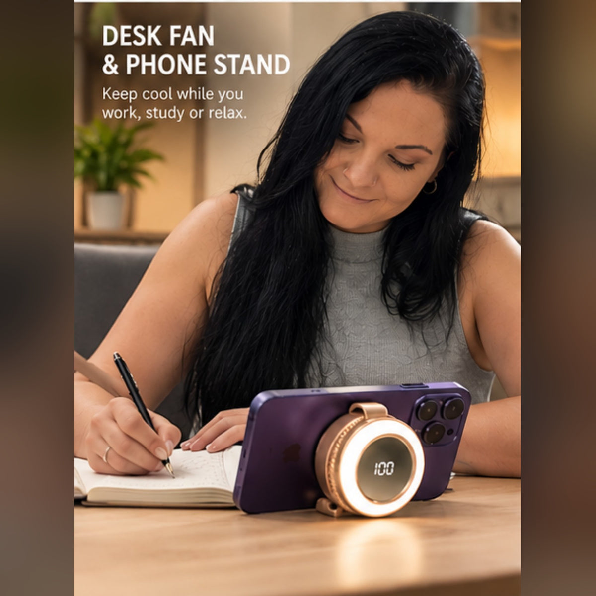 NovaFlow MagCool fan and phone stand with Clarissa at desk