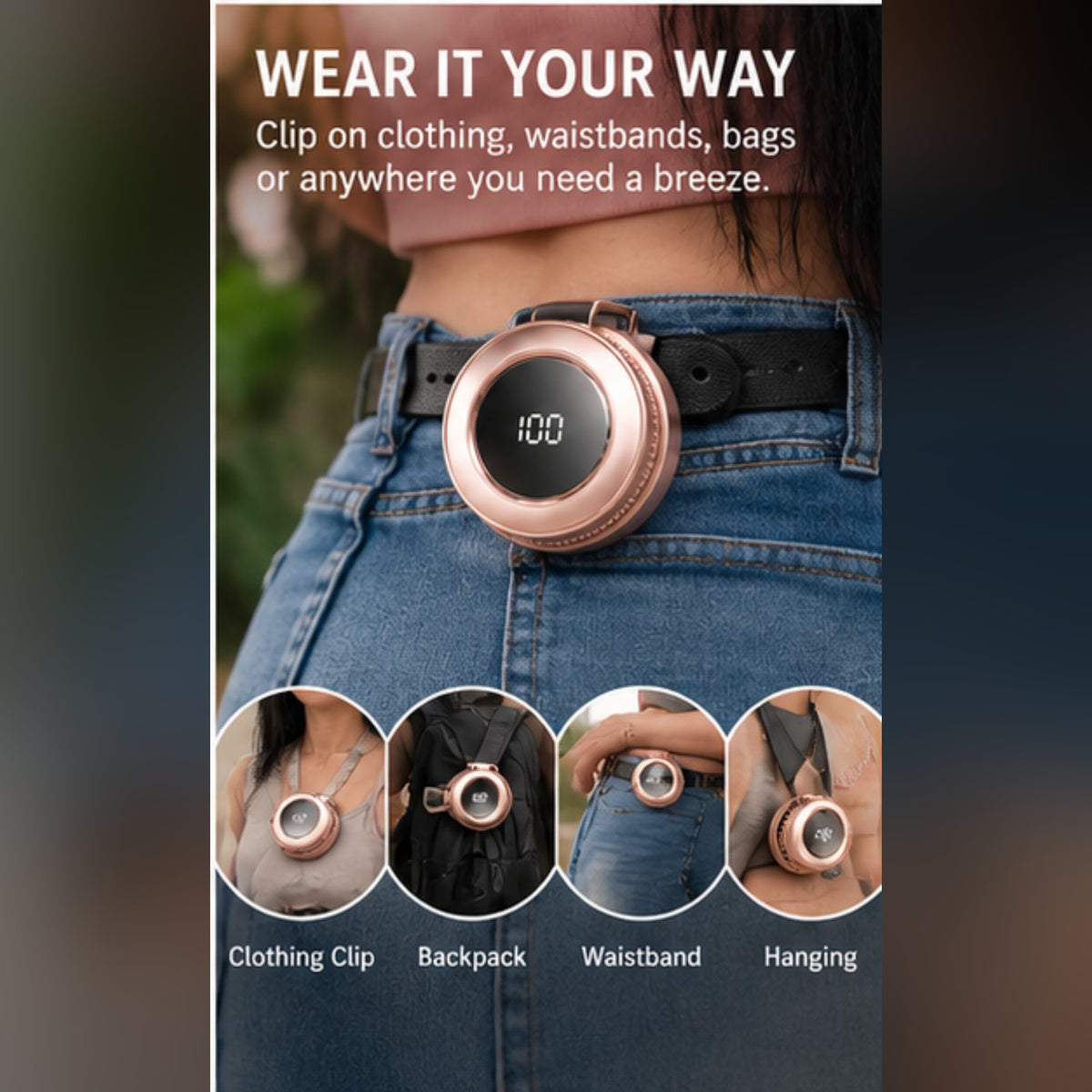 NovaFlow MagCool wearable fan on clothing and waistband