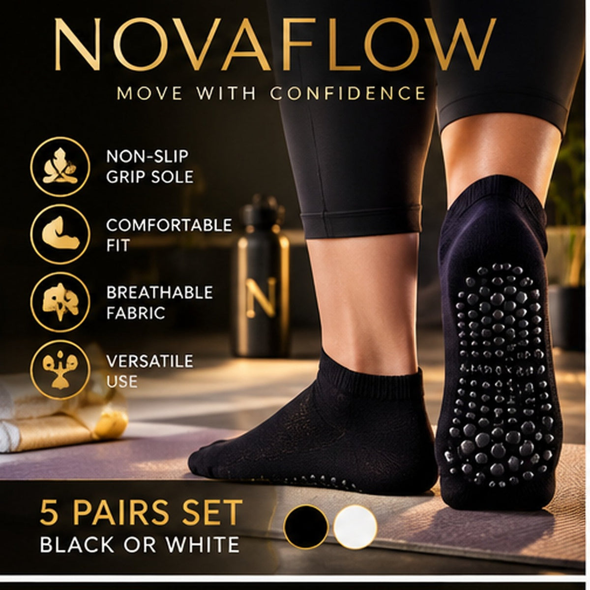 NovaFlow Pilates grip socks – premium black hero image