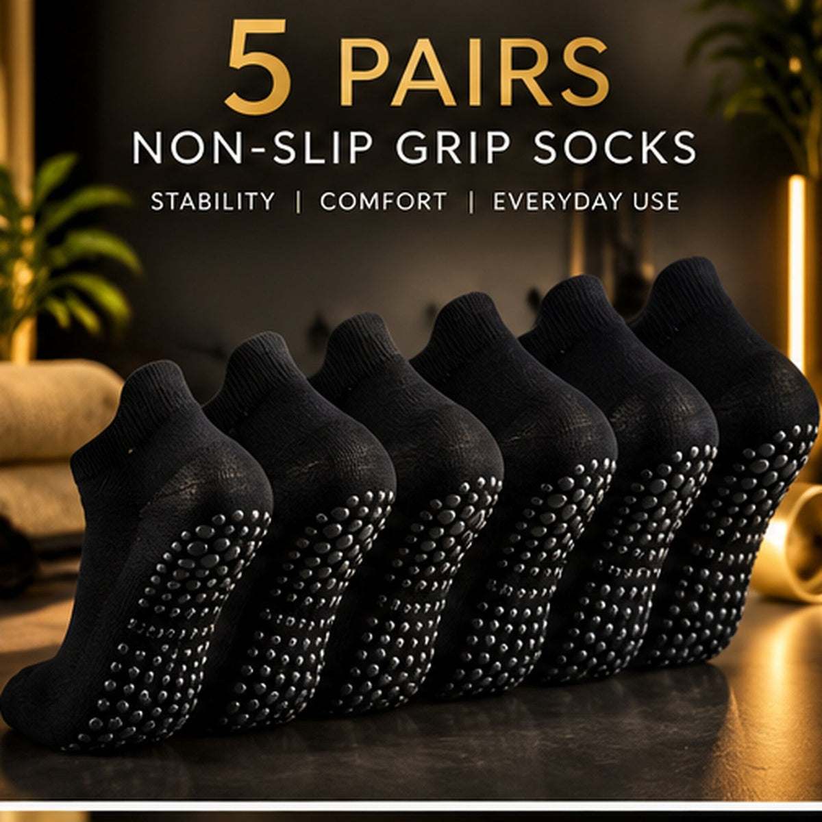 NovaFlow black non-slip grip socks – 5 matching pairs
