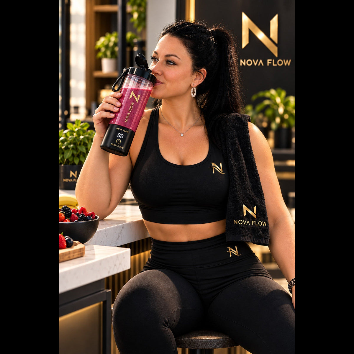 Clarissa in gold N NovaFlow activewear holding BlendGo with berry smoothie