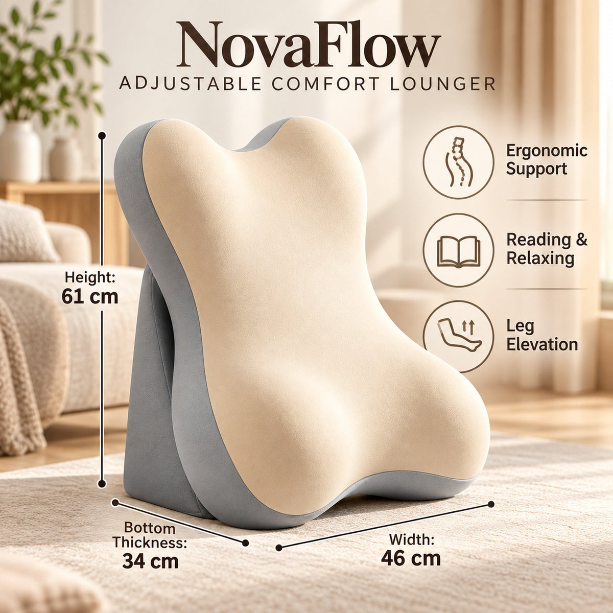NovaFlow Comfort Lounger dimensions 61 cm height 46 cm width 34 cm bottom thickness