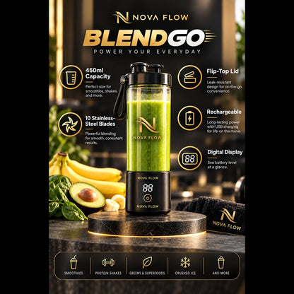 BlendGo portable blender infographic showing advertised features