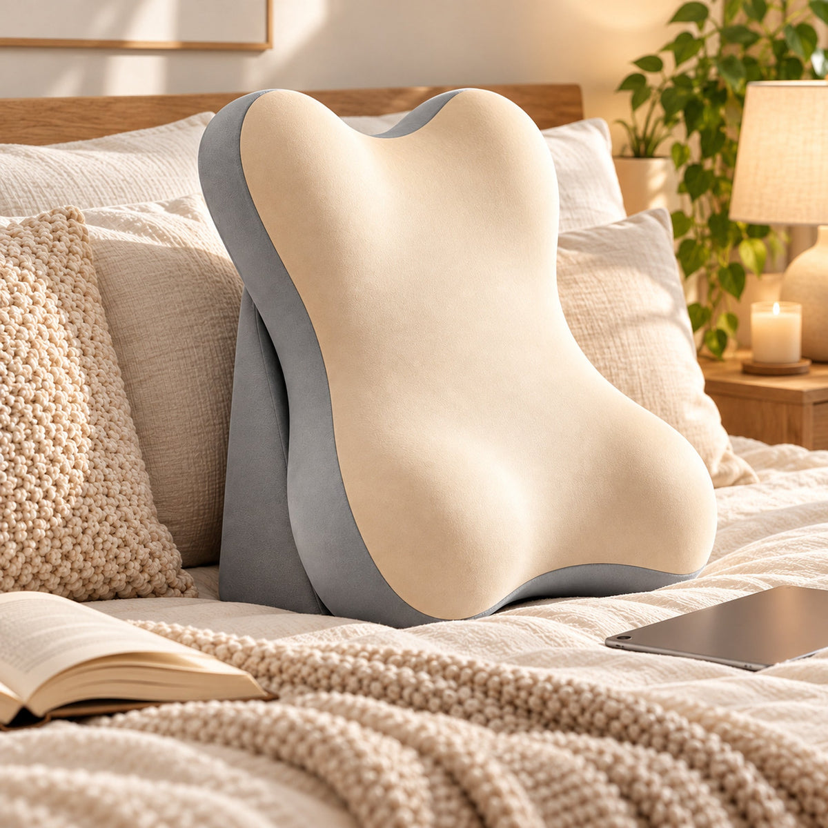 Beige and Grey NovaFlow Comfort Lounger in bedroom reading setting, product only