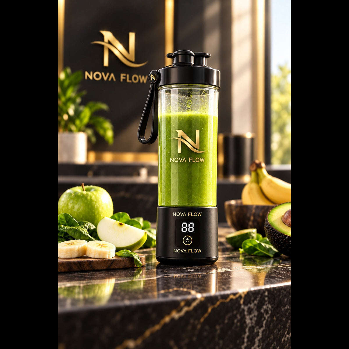 NovaFlow BlendGo blender product-only photo with green smoothie and fruit