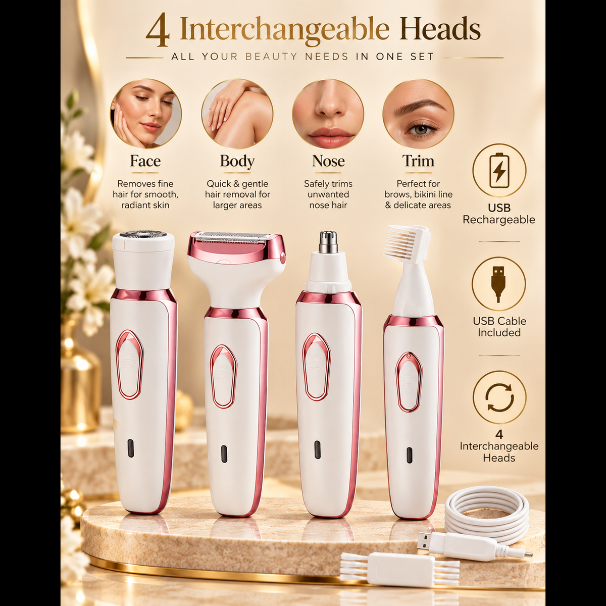 NovaFlow 4-in-1 beauty grooming set showing four interchangeable heads