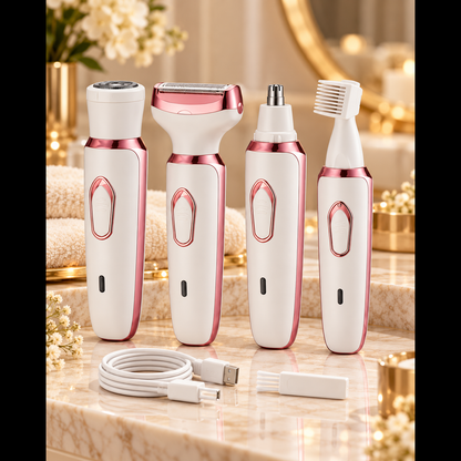 NovaFlow 4-in-1 grooming set with interchangeable heads and USB cable