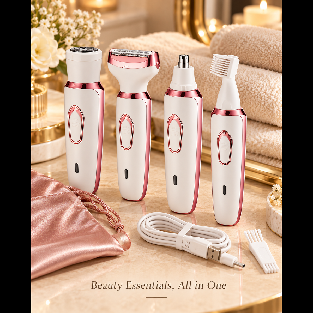 NovaFlow 4-in-1 beauty essentials grooming set with travel pouch and USB cable