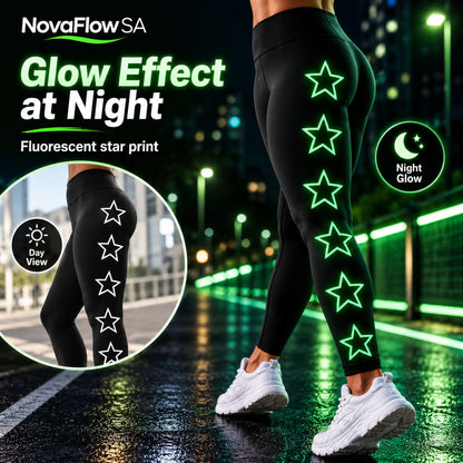 Black leggings fluorescent stars glowing green at night