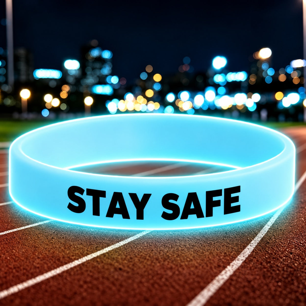 NovaFlow luminous blue wristband with STAY SAFE wording