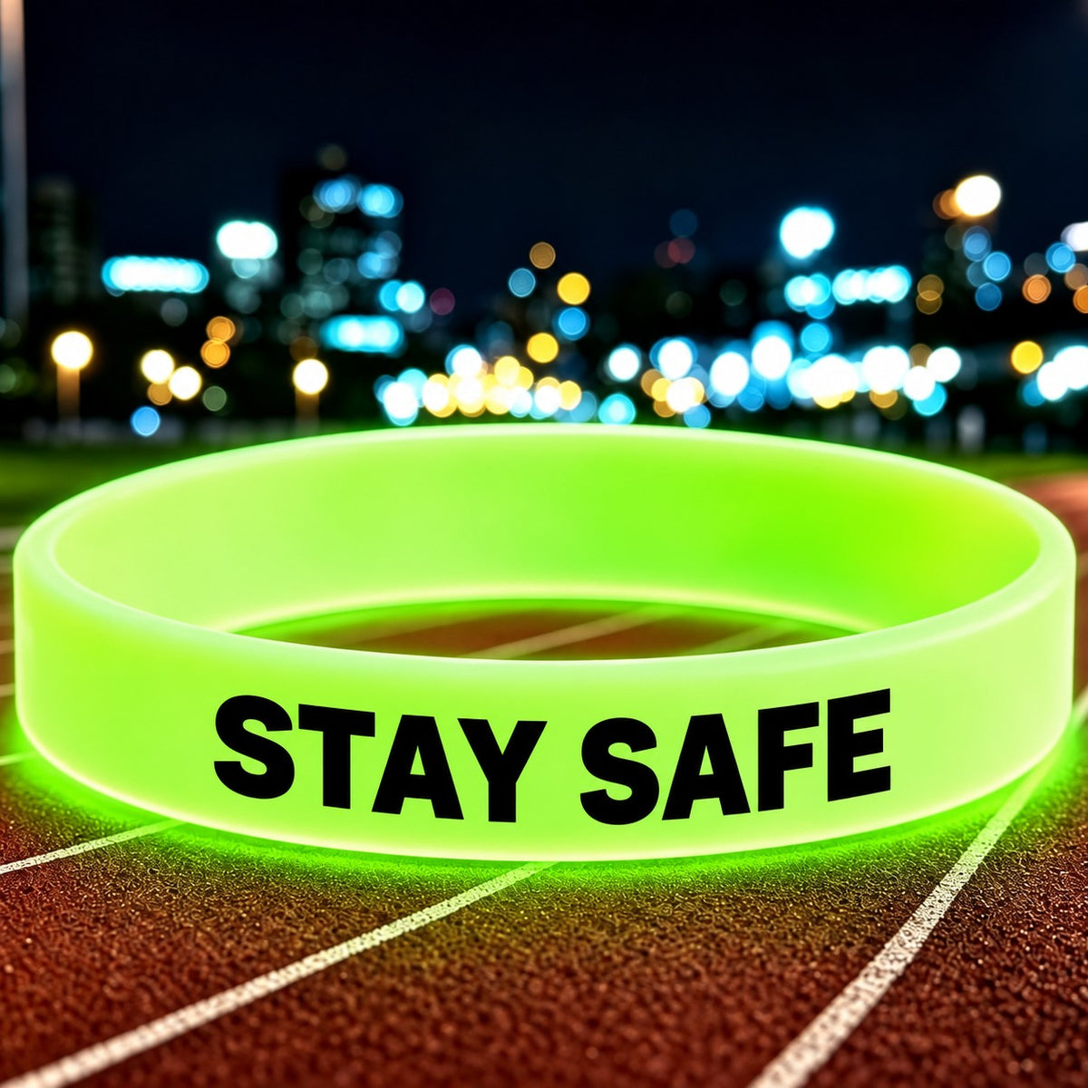 NovaFlow luminous green wristband with STAY SAFE wording