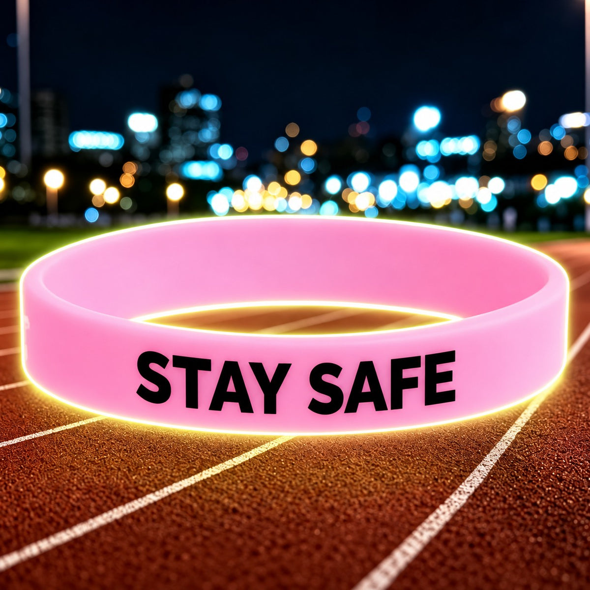 NovaFlow luminous pink wristband with STAY SAFE wording
