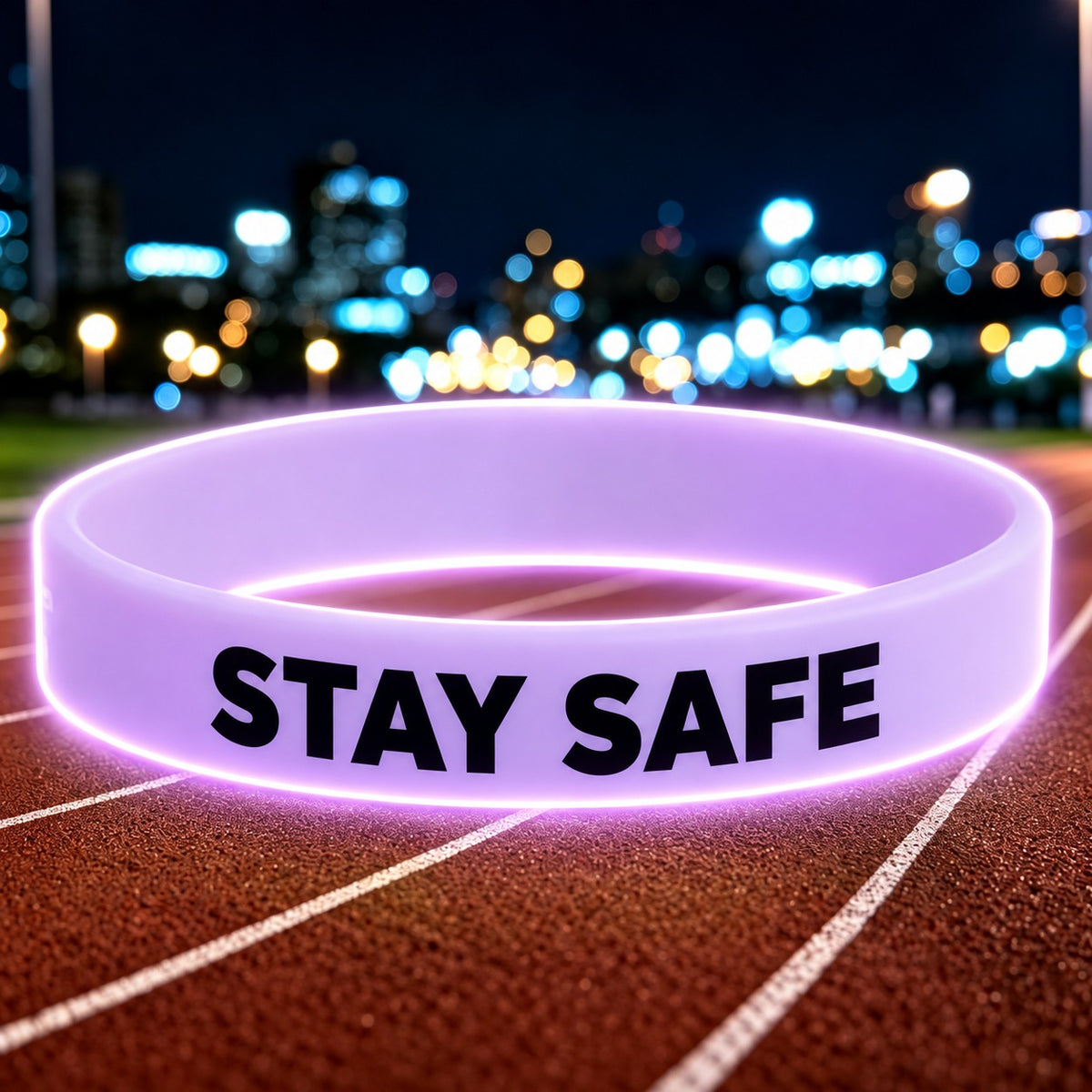 NovaFlow luminous purple wristband with STAY SAFE wording