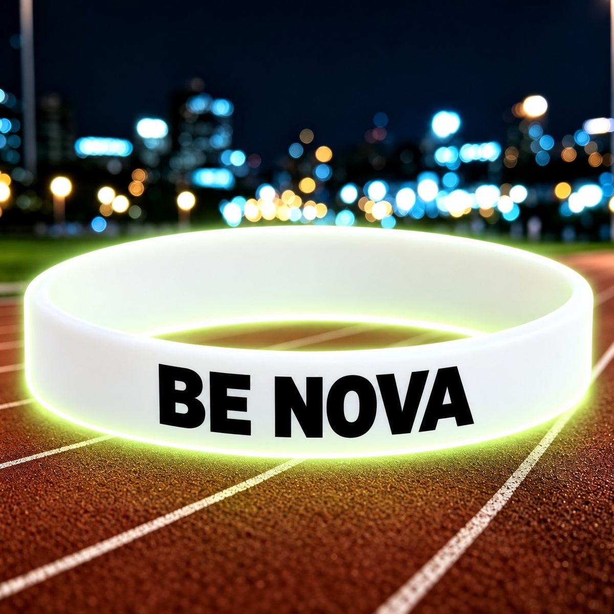 NovaFlow luminous white wristband with BE NOVA wording