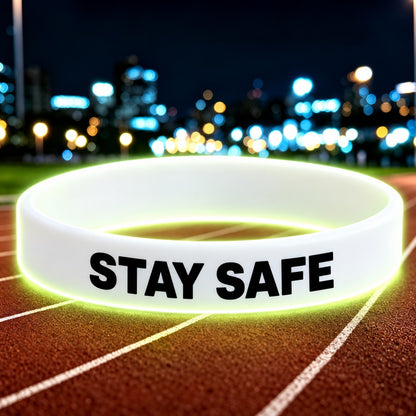NovaFlow luminous white wristband with STAY SAFE wording