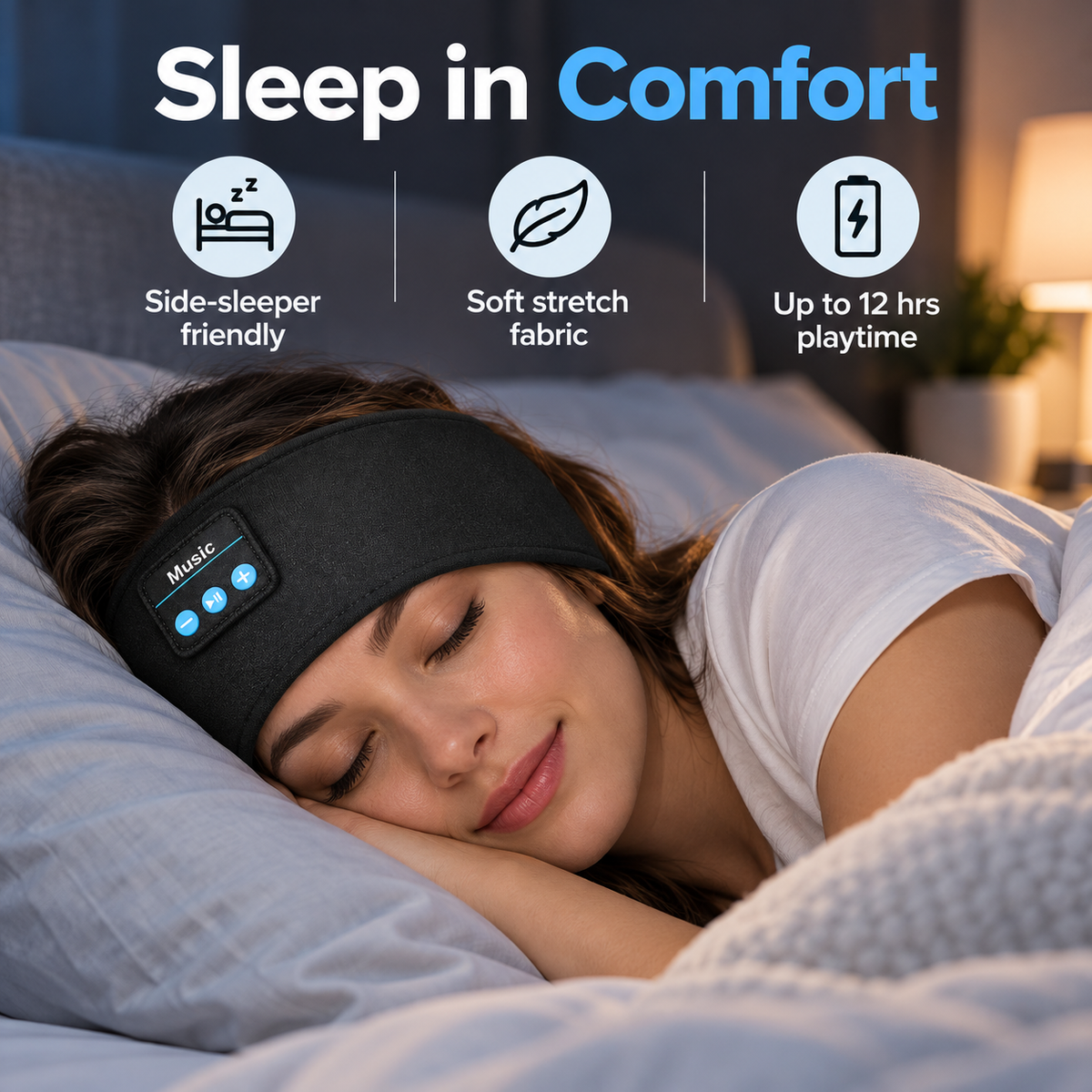 Woman resting on her side wearing a black Bluetooth sleep headband