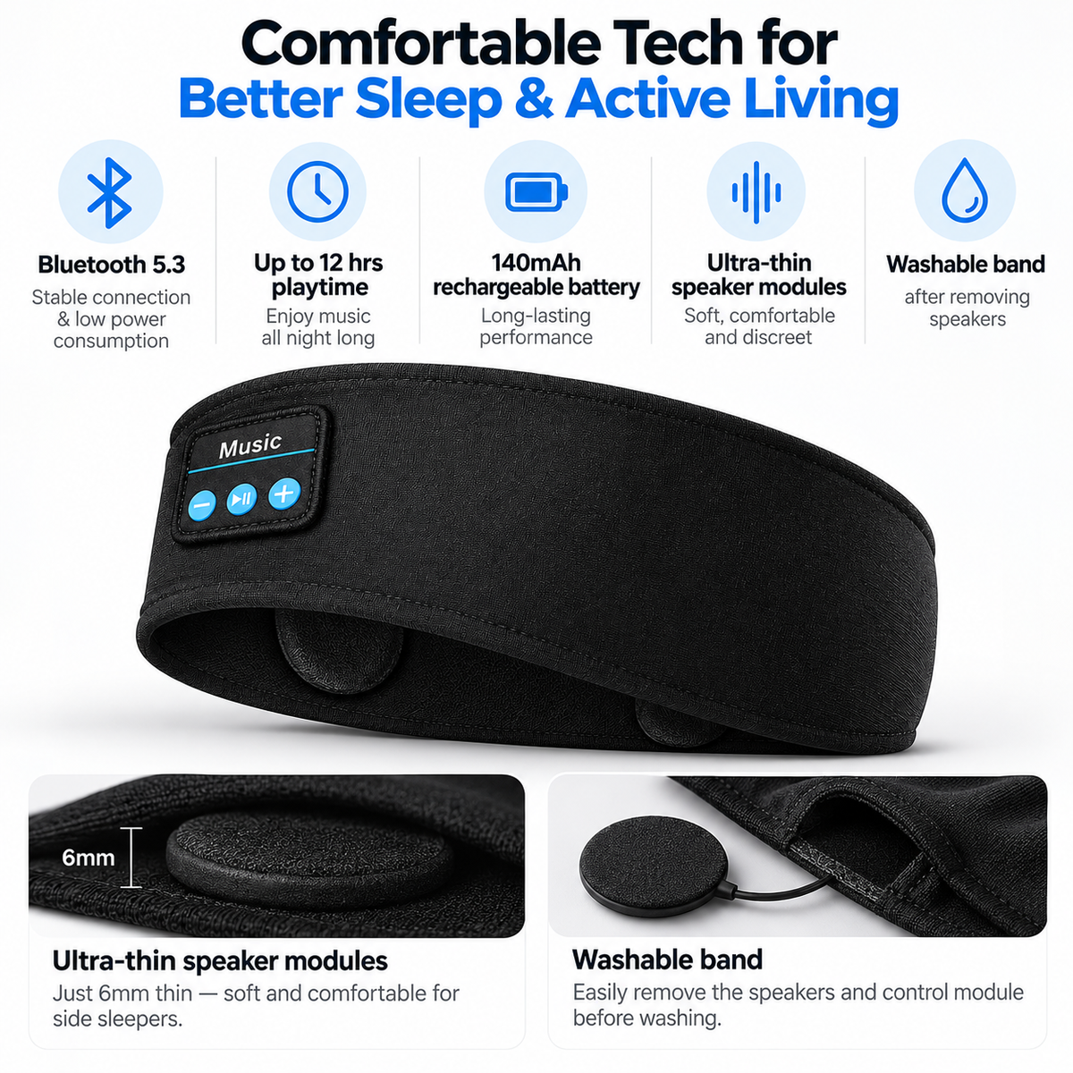 Illustrated product features of Bluetooth sleep headband