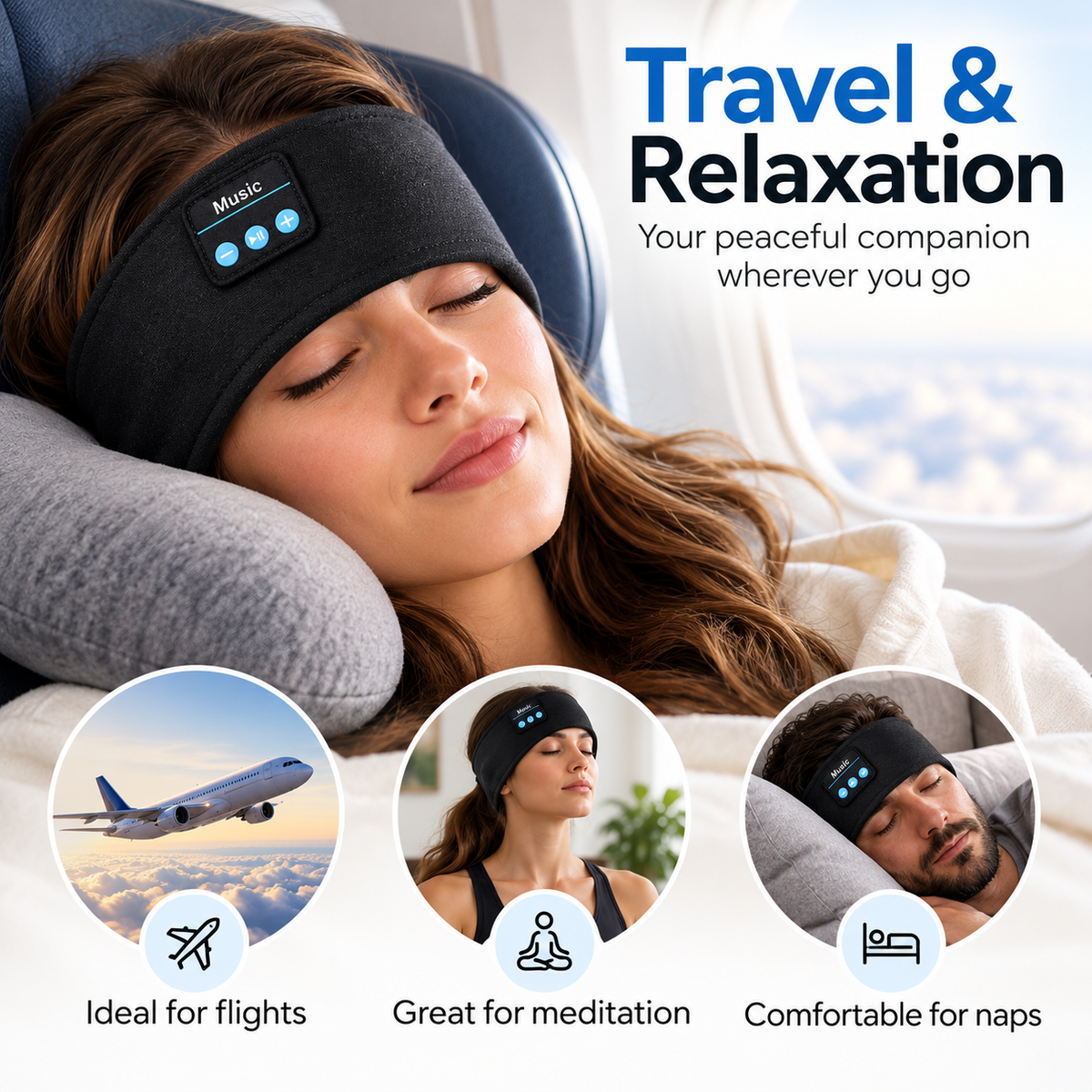 Bluetooth headband worn while relaxing during travel