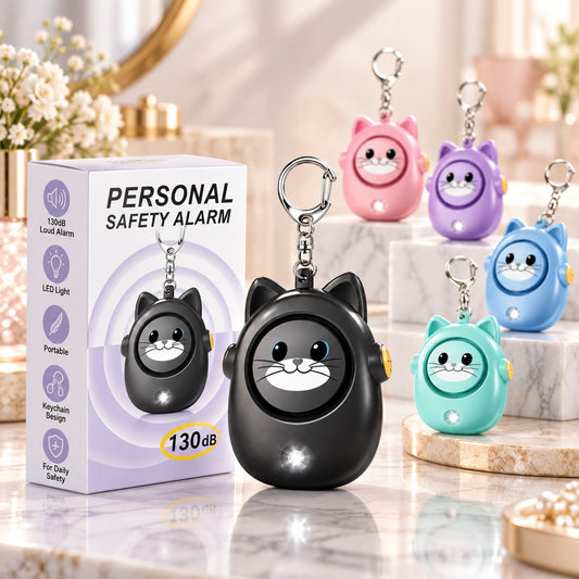Black cat safety alarm and packaging — main product image