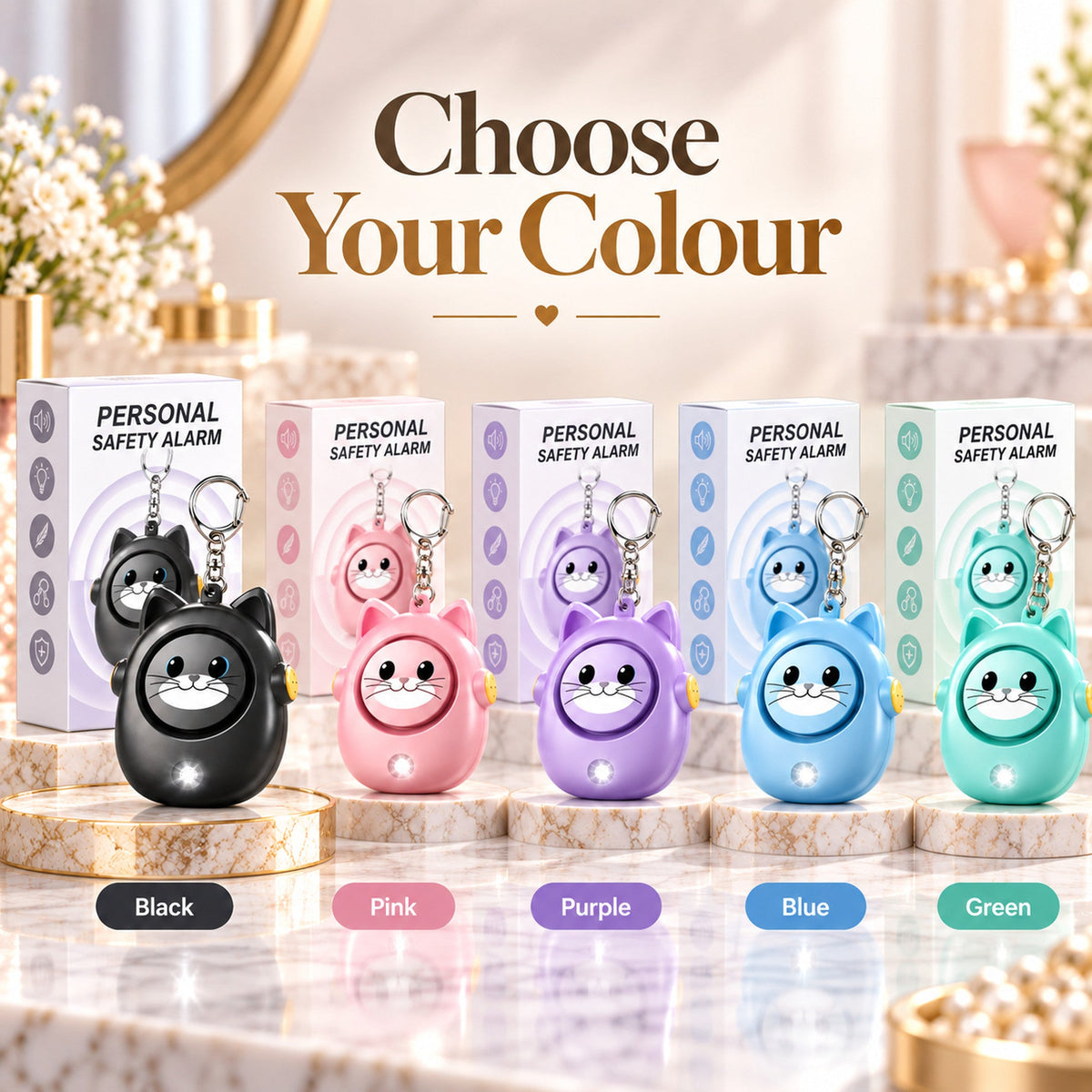 Five available alarm colours: Black, Pink, Purple, Blue and Green