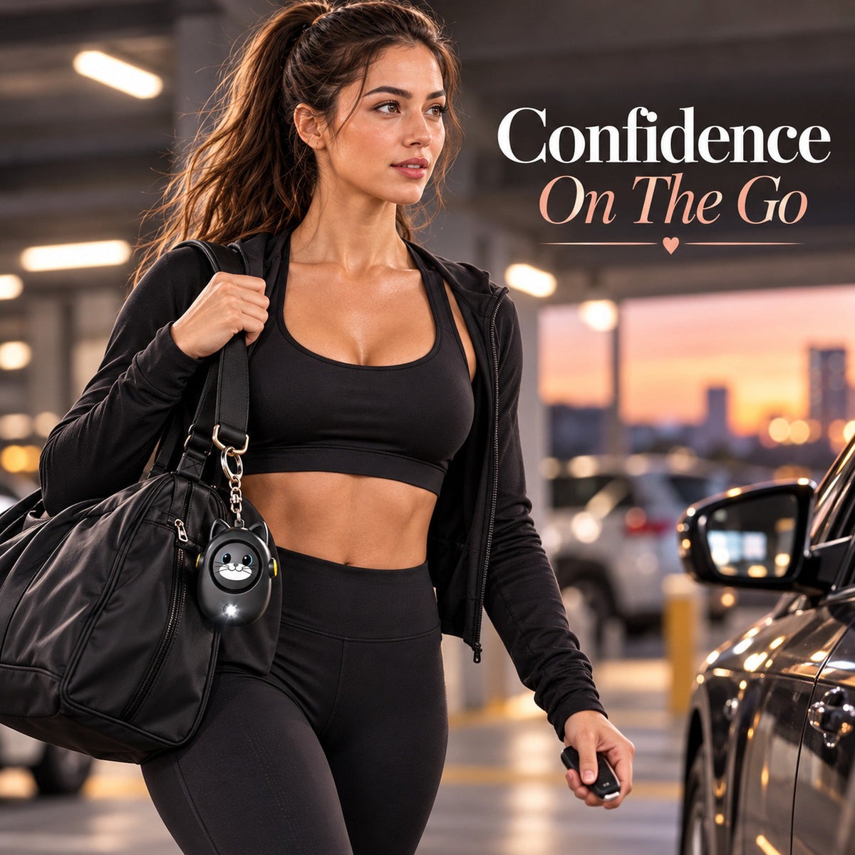 Woman carrying black cat safety alarm on a gym bag