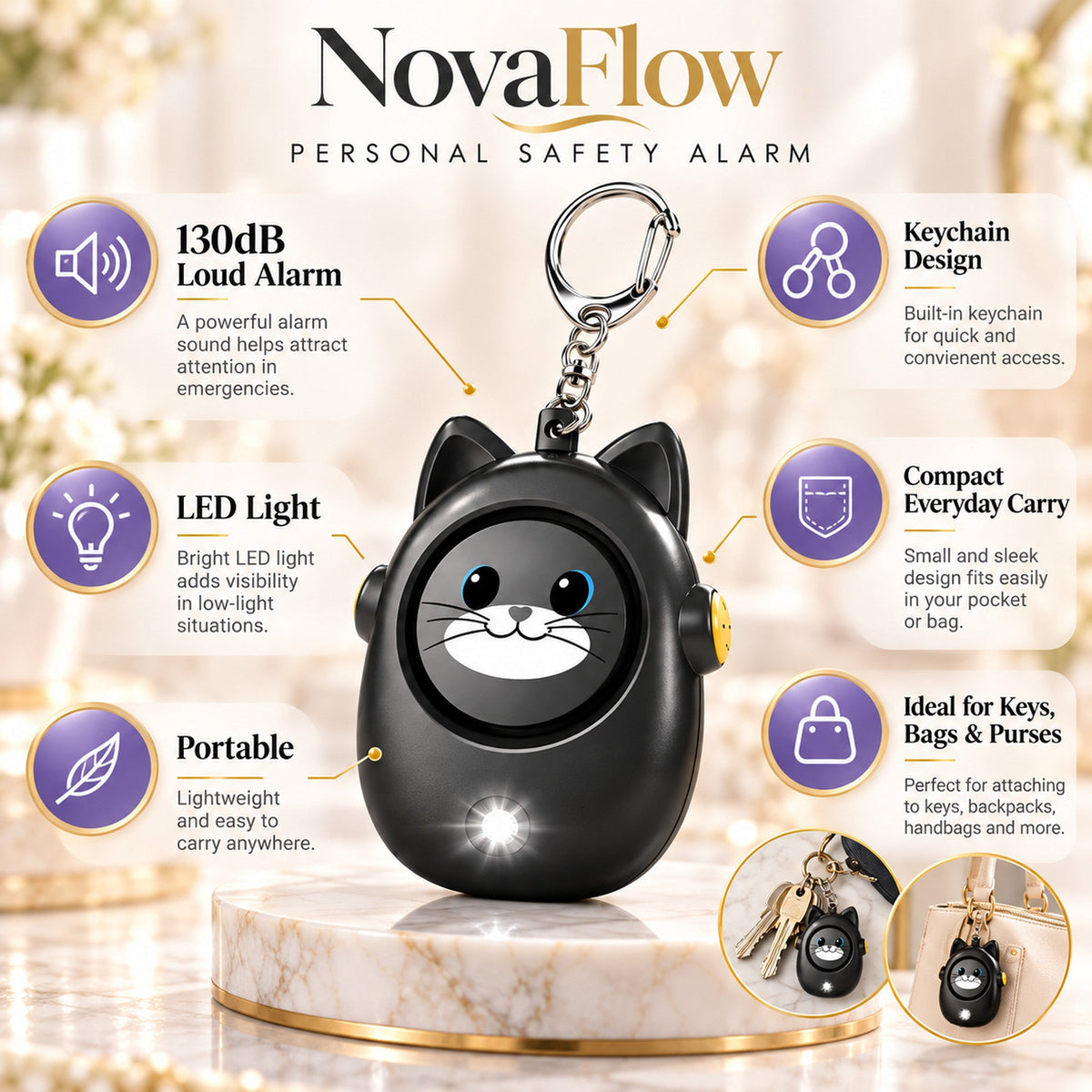 130dB personal alarm, LED light, portable keyring features