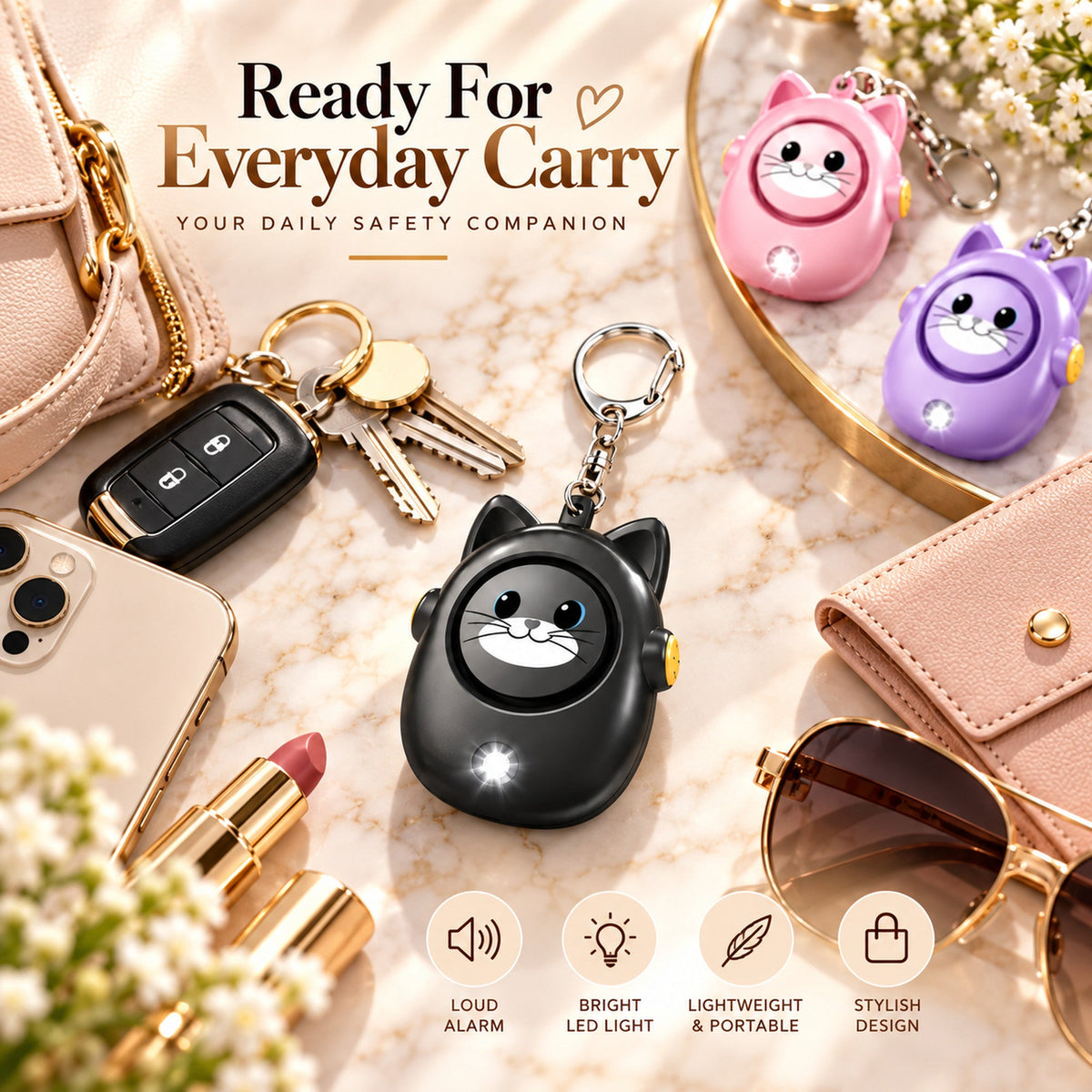 Black cat safety alarm with daily carry accessories