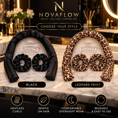 NovaFlow Heatless Curl Set Black and Leopard Print product-only hero; choose one style; each contains satin ribbon, two scrunchies and claw clip