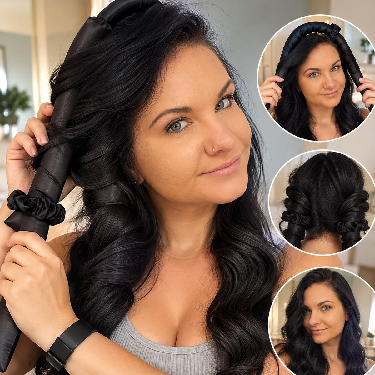 Clarissa modelling NovaFlow black satin heatless curling ribbon