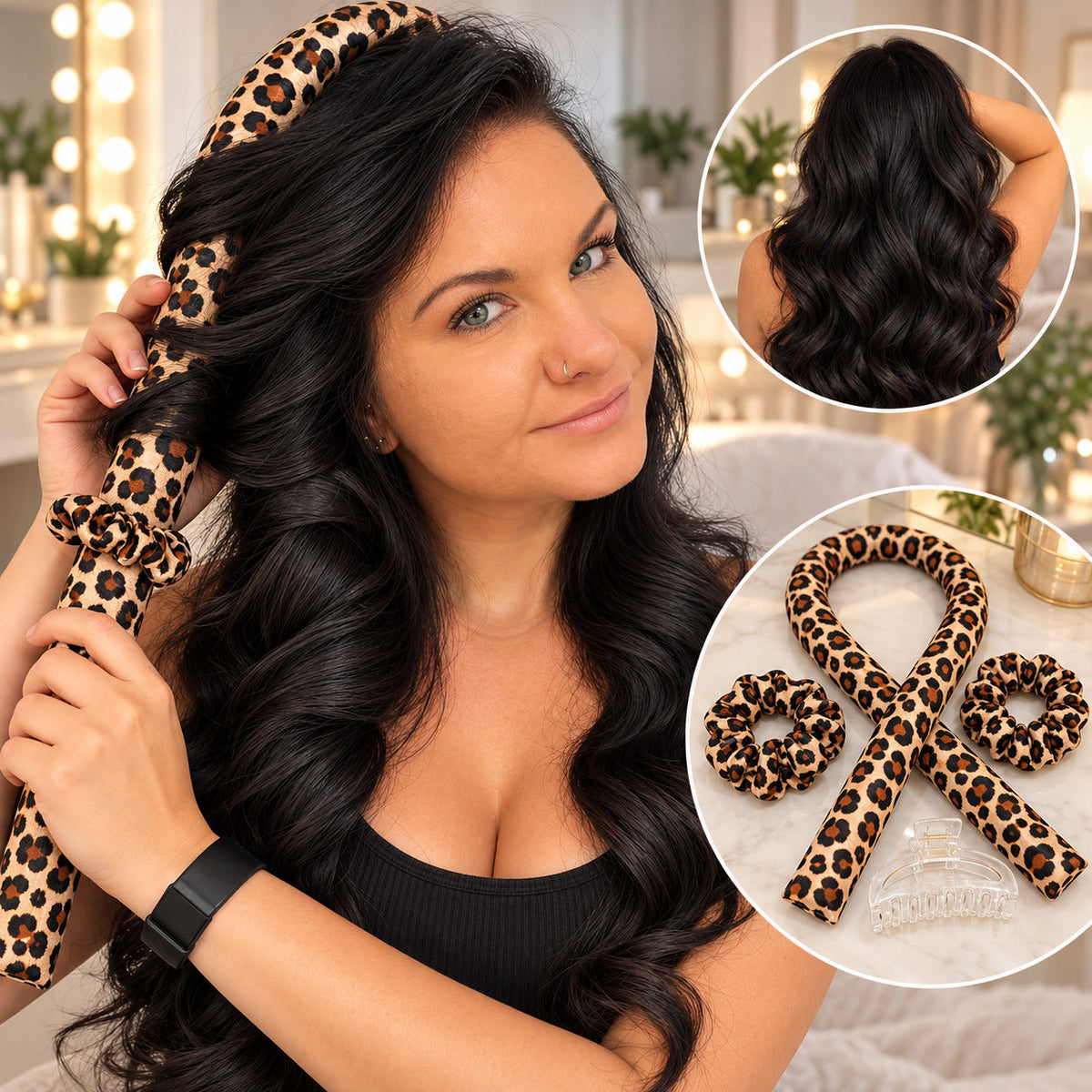 Clarissa modelling NovaFlow leopard-print heatless curling ribbon