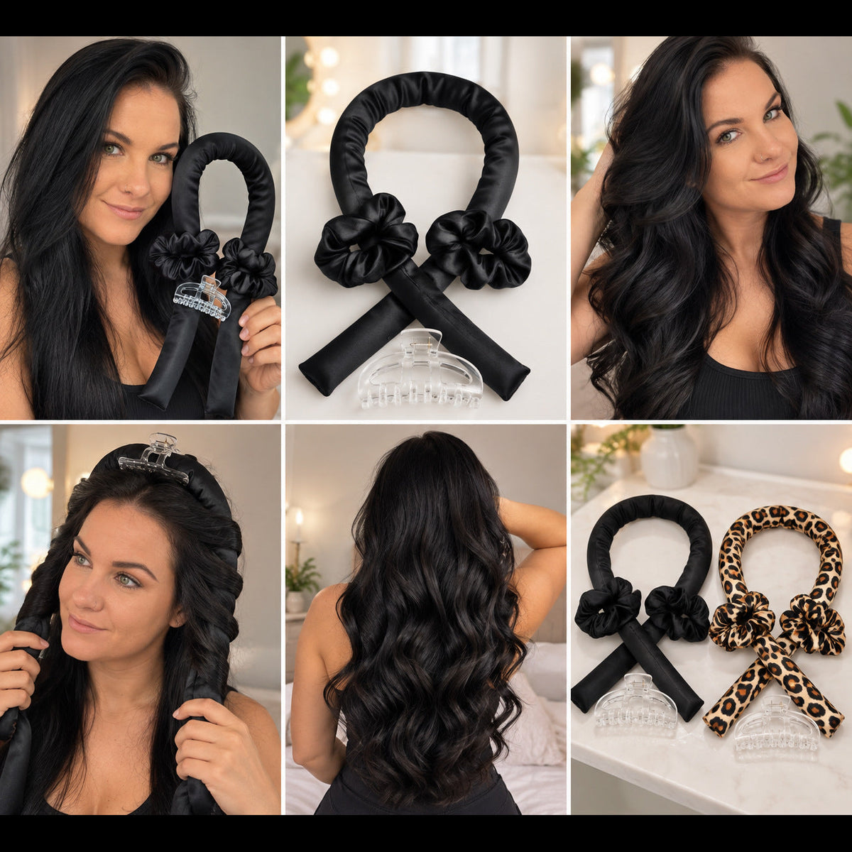 NovaFlow Heatless Curl Set six-panel styling guide with Clarissa and product details